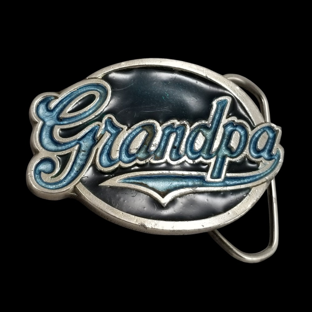 Vintage Grandpa Small Belt Buckle Pewter Blue Enamel USA Made 1987